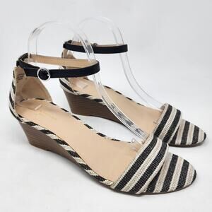 Ann Taylor Factory Wedge Sandals Women 9M Cream Black Striped Ankle Strap Shoes